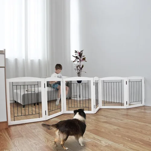 ZJSF Puerta plegable independiente para perros, puerta de madera extra ancha blanca para cachorros, 6 paneles, puertas altas para mascotas para la