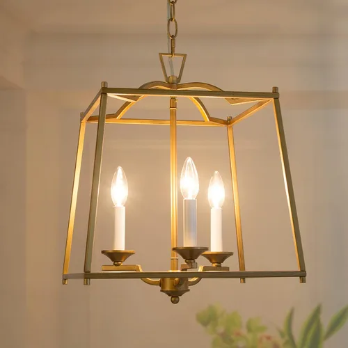 KSANA Candelabro de farol dorado, iluminación colgante dorada para isla de cocina con acabado dorado antiguo, lámpara colgante de vestíbulo para