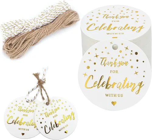 Joycraft Etiquetas de regalo de agradecimiento – 100 piezas con cuerda, etiquetas de papel blanco de lámina dorada, etiquetas de celebración