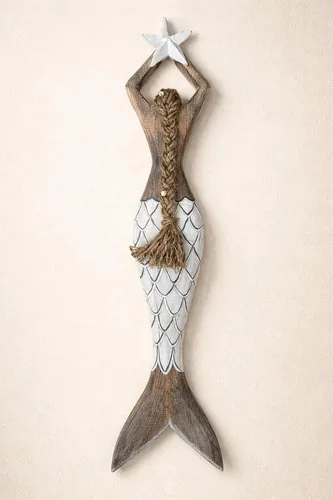 Miniatura 3 de OMA Arte de pared de sirena para decoración del hogar, playa náutica costera, madera, sirena, estrella, estatua colgante, escultura para decoración