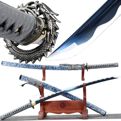 Miniatura 8 de Espada japonesa de samurái Katana auténtica hecha a mano de acero al carbono 1095 de alta calidad, espada de dragón real y afilada, Katana