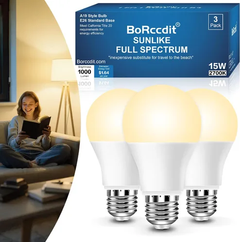 BoRccidt SunLike - Bombilla de luz de espectro completo de 2700 K, LED cálido de 15 W = 100 W, sin parpadeo y sin rayos UV, 90+CRI y 30000 H de vida
