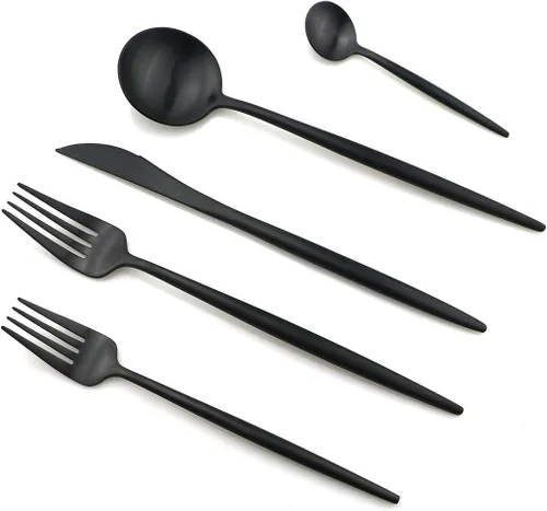 Juego de cubiertos de 5 piezas, color negro mate, juegos de cubiertos de acero inoxidable 18/10, incluye cuchara tenedor y cuchillo con cuchara de