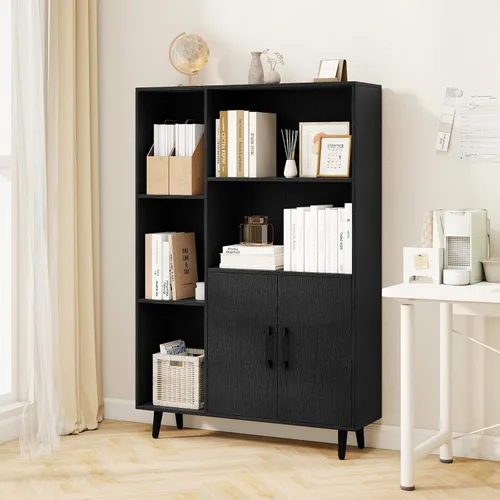 Miniatura 8 de Giantex Gabinete de almacenamiento de 47 pulgadas, estantería con 2 puertas, 5 estantes abiertos, patas de metal, kits antipuntas, gabinete de Negro