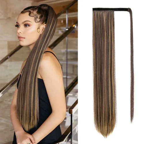 Miniatura 7 de Extensión de cola de caballo larga y recta, cola de caballo con clip, 32 pulgadas, resistente al calor, sintético, cola de caballo de pelo castaño