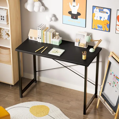 Miniatura 8 de Sweetcrispy Escritorio de oficina pequeño para computadora de 32 pulgadas, para estudiar, escribir, trabajar con marco de metal, mesa de madera