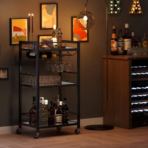 Miniatura 8 de TUTOTAK Carrito de Bar, Carrito de Servicio de Bar para el Hogar con Estante Espejado de 3 Niveles, Carrito de Bebidas, Estante de Cocina Móvil