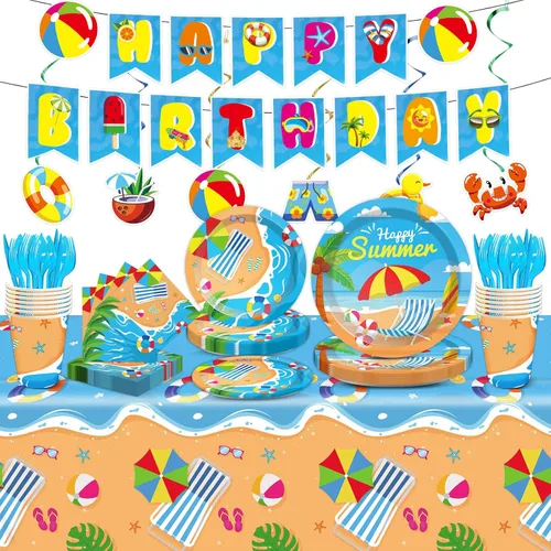 Qyeahkj Juego de 184 piezas de platos y servilletas para fiesta de playa, incluye platos de verano, servilletas, vasos, mantel, remolinos, bandera,