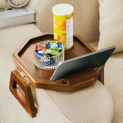 Miniatura 7 de Tinamo Bandeja para apoyabrazos de sofá octagonal de acacia, mesa de reposabrazos de sofá con brazos plegables - Caddy para sillón, bandeja con clip