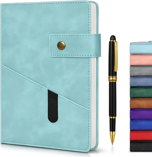 Miniatura 11 de vfaejll Cuaderno de cuero rayado azul A5 para hombres y mujeres, 5.9" X 8.4" Cuaderno diario personalizado de tapa dura con bolígrafo, 200 páginas