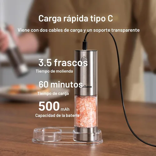 Miniatura 4 de ThermoMaven Juego de molinillo eléctrico de sal y pimienta, 3.7 fl oz más grande, recargable, automático, molinillo de sal y pimienta con 6 grosores