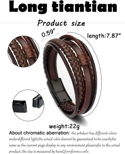 Miniatura 7 de Pulseras de cuero para hombre, pulseras de cuero trenzado multicapa con cierre magnético, pulsera ajustable para niños