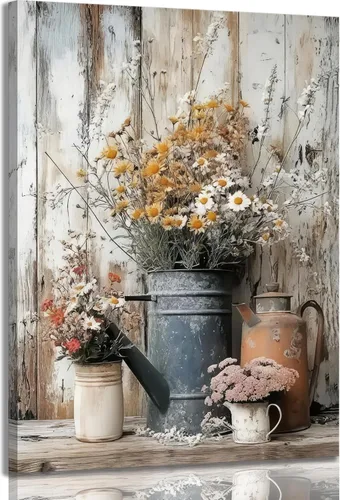 Lienzo rústico con margaritas y margaritas, arte de pared, pintura campestre neutra, decoración de pared, flores, naturaleza muerta, botánica,
