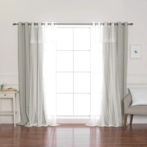 Miniatura 43 de Best Home Fashion Par de cortinas opacas con revestimiento de tul y corte láser, paneles de ventana con ojales plateados para dormitorio, habitación