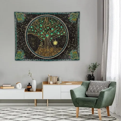 Miniatura 3 de Naykow Árbol de la vida, bohemio, sol, luna, naturaleza, lindo tapiz verde para pared, mandala espiritual, chakras, grunge, tapices para colgar