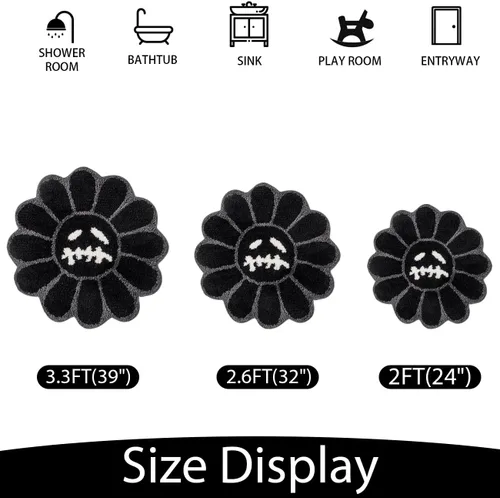 Miniatura 2 de Trippy - Alfombra de baño con diseño de flores, de 2 pies, gótica, negra, extra suave, absorbente de agua, de secado rápido, antideslizante, Negro