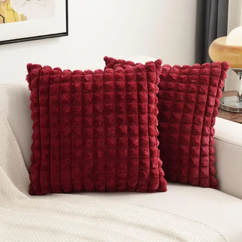 FUTEI Juego de 2 fundas de almohada decorativas burdeos de 22 x 22 pulgadas, fundas de cojín cuadradas color rojo vino, a cuadros de piel sintética