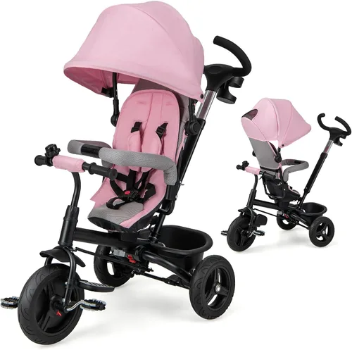 Miniatura 12 de HONEY JOY Triciclo, cochecito 6 en 1 para niños con asa de empuje ajustable y toldo, asiento reversible, cinturón de seguridad, pedal plegable, Gris