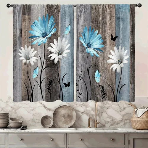 Miniatura 36 de Cortinas de cocina vintage retro de madera, con bolsillo para cortinero, 27.5 pulgadas de ancho x 39 pulgadas de largo, 2 paneles de flores blancas