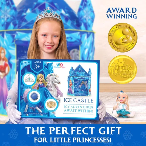 Miniatura 7 de W&O Tienda de campaña de princesa congelada para niñas con botón de sonido mágico, luces LED, corona y varita – Tienda de campaña congelada