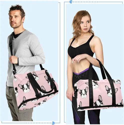 Miniatura 4 de Bolsa de viaje deportiva de bulldog francés para mujeres y hombres, bolsa de gimnasio con compartimento para zapatos, bolsillo húmedo, bolsas