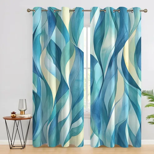 Miniatura 2 de Cortinas opacas con degradado azul de 39 pulgadas de largo, cortinas abstractas para decoración de dormitorio, cortinas de ventana modernas