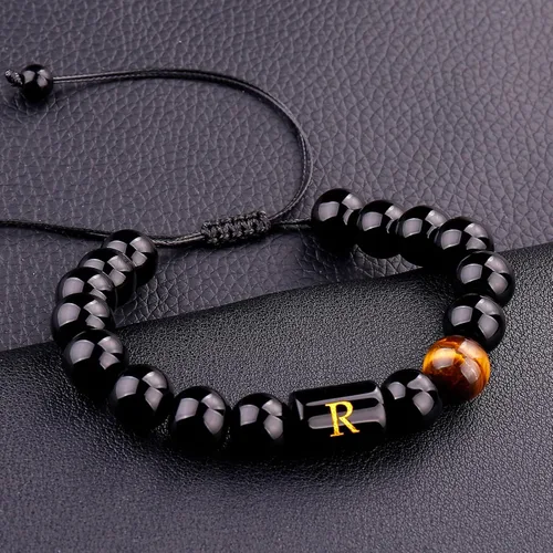 Miniatura 92 de SUMMER LOVE Regalos para el Día del Padre, pulsera con inicial de piedra de ónix negro de 0.394 pulgadas para hombres, pulsera de cuerda trenzada