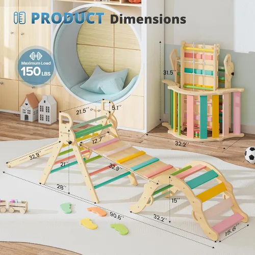 Miniatura 7 de BlueWood Juego de Triángulo Pikler 10 en 1, Juguetes de Escalada para Niños Pequeños de Interior, Escalador Montessori, Gimnasios de Selva