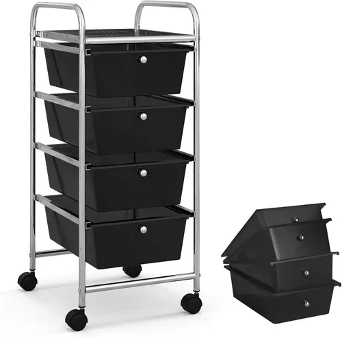 Miniatura 21 de COSTWAY Carrito de almacenamiento rodante con 4 cajones, carrito de almacenamiento de plástico y organizador con 4 cajones extraíbles, carrito