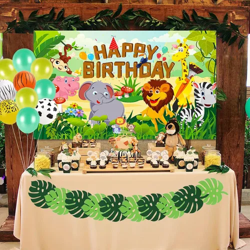 Miniatura 5 de HOWAF Cartel de tela de feliz cumpleaños para decoración de fiestas temáticas de animales de la selva, decoración de fondo de pared para niños