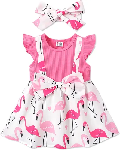 PATPAT Vestido para bebé recién nacida, manga con volantes, vestido con tirantes y diadema con lazo, talla 3M-3T