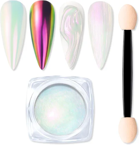 Miniatura 16 de Polvo de uñas cromado de tamaño de prueba para arte de uñas, 0.01 oz, 1 tarro de pigmento holográfico de sirena para polvo de inmersión, uñas