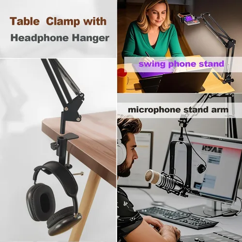 Miniatura 4 de Soporte de abrazadera de mesa para soporte de micrófono, abrazaderas de micrófono para escritorio con gancho para auriculares, abrazadera