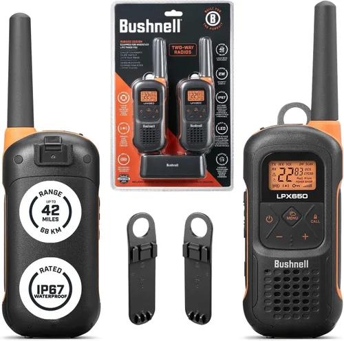 Bushnell LPX650 Walkie Talkie Radio – Calidad fiable, diseño flotante resistente, 2 W de potencia para 42 millas de alcance, radios bidireccionales