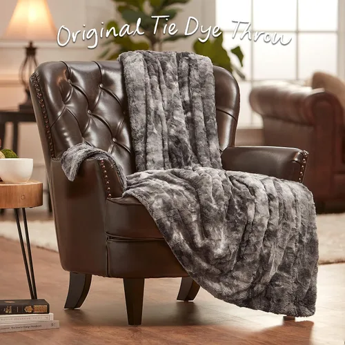 Miniatura 2 de Chanasya Manta de Tiro de Piel Sintética de Lobo Premium - Suave, Mullida Sherpa y Minky - para Cama o Sofá - 60" x 70" - Gris