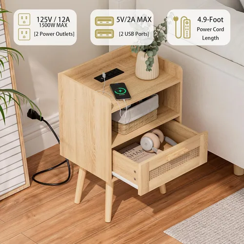 Miniatura 5 de Masupu Mesita de noche, mesita de noche pequeña con dos cajones, mesita de noche blanca, muebles de noche, mesa auxiliar moderna de mediados