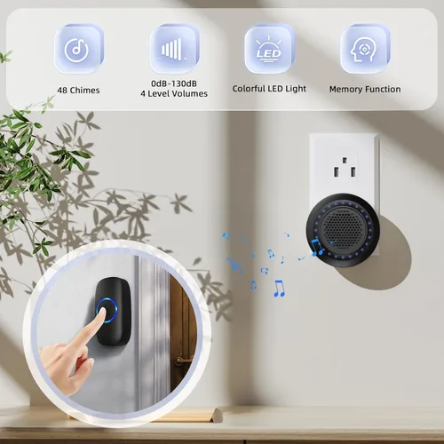 Miniatura 2 de Campanas de puerta inalámbricas para hogares, kits de timbre con 1 transmisor, 1 receptor, funcionamiento impermeable a un rango de 1000 pies, 48