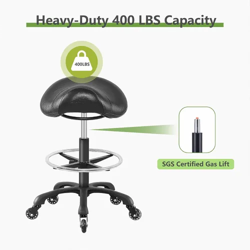 Miniatura 4 de Taburete de salón con reposapiés, resistente, altura ajustable, silla de esteticista rodante para tatuaje, spa, clínica dentista médica (negro)