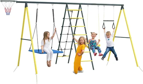 Outsunny Juego de columpios de 440 libras para patio trasero, soporte 5 en 1 resistente con marco en A, juego al aire libre para niños, con columpio