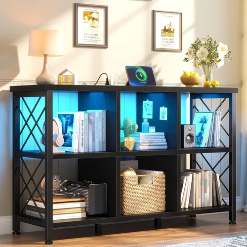 DurayLoly Organizador de almacenamiento de 6 cubos con luz LED y estación de carga, estante de cubos de madera y metal, estante de libros horizontal