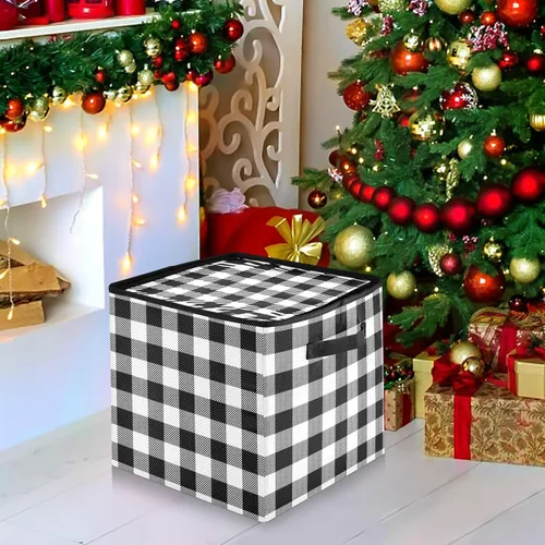 Miniatura 7 de Cesta de almacenamiento para adornos de Navidad, búfalo a cuadros, negro y blanco, contenedor de almacenamiento de invierno con separadores