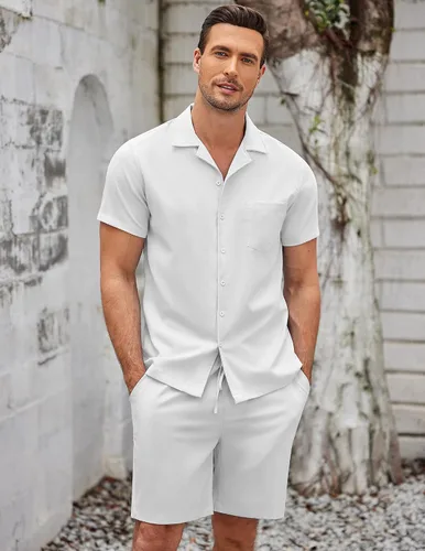 Miniatura 2 de COOFANDY Conjunto de 2 piezas para hombre, camisas de manga corta con botones, trajes casuales de playa