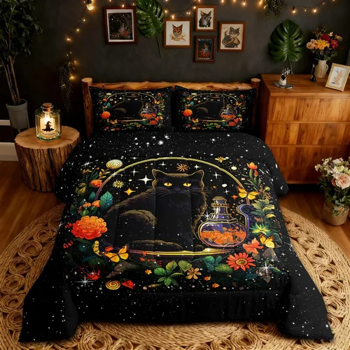 Miniatura 40 de Castle Fairy Juego de edredón con diseño de gato lindo para niños, tamaño twin, juego de ropa de cama con hojas de flores, luna, noche y cielo