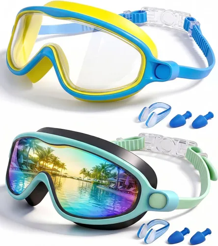 Miniatura 15 de Gafas de natación para niños, paquete de 2, antiempañamiento y rayos UV para niños y niñas, sin fugas, artículos esenciales para la piscina