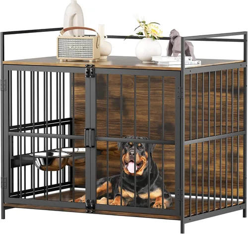 Miniatura 9 de ROOMTEC Furniture Style - Jaula grande para perros con comedero elevado ajustable de 360° para perros, 2 cuencos de acero inoxidable, cojín