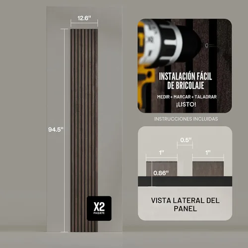 Miniatura 4 de Paquete de 2 paneles de listones de madera acústica - Paneles de pared insonorizados para decoración de interiores Nogal oscuro