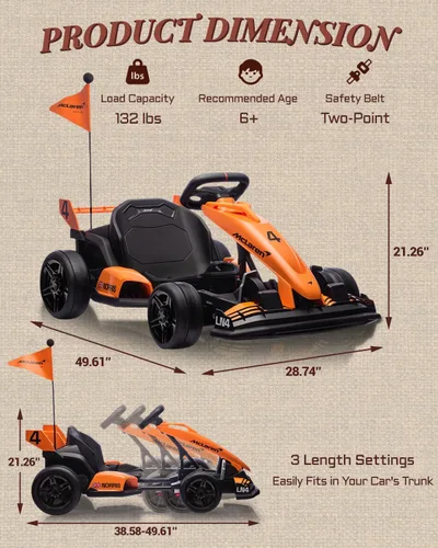 Miniatura 6 de Go Kart Eléctrico con Licencia McLaren para Niños, Batería de 36V 9AH, Kart de Deriva con Asiento Ajustable, Vehículo Montable Crazy Cart para Niños