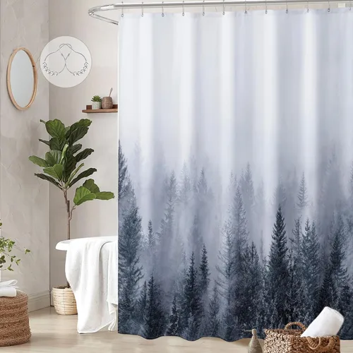 Miniatura 8 de ORTIGIA 36x72 Cortina de ducha de bosque nebuloso para baño pequeño, cortina de ducha estrecha de naturaleza y bosque en blanco y negro con ganchos