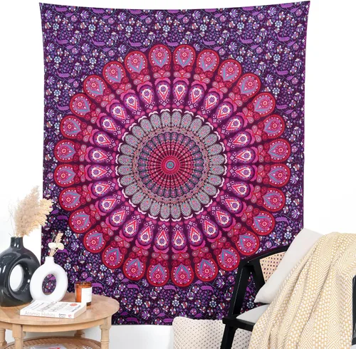 Miniatura 12 de RAJRANG Tapiz de Mandala de Pavo Real Hippie para Colgar en la Pared 90 x 84 pulgadas Tapices Decorativos Trippy Bohemios Indios Hechos a Mano