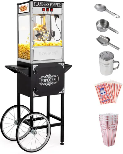 Máquina de palomitas de maíz ROVSUN estilo cine con carrito y ruedas, hervidor de 10 onzas, hace hasta 4 galones, con cuchara para palomitas, Negro